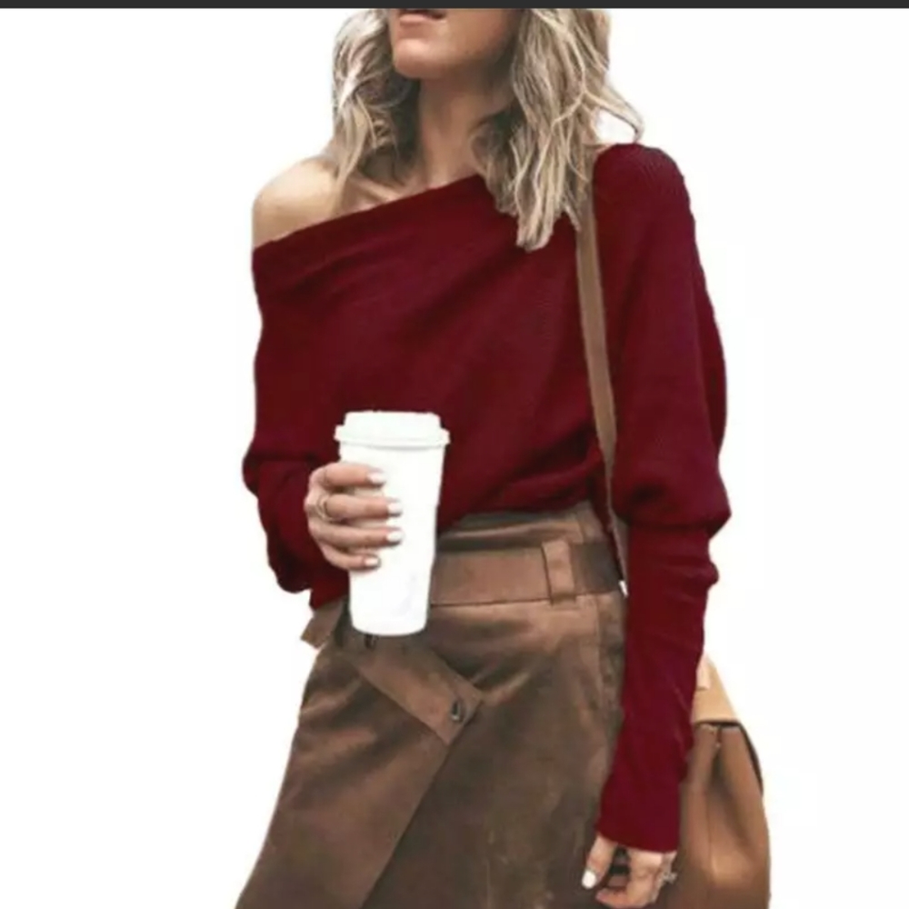 Red off the shoulder sweater